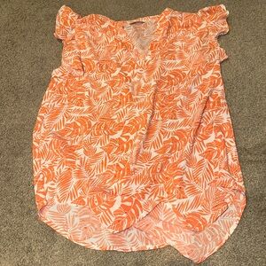 Tropical Palm Print Flutter Sleeve Blouse in Coral Orange
